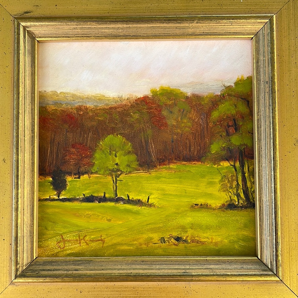 “Landscape in Spring Green” Painting by James Kennedy in custom gold frame.